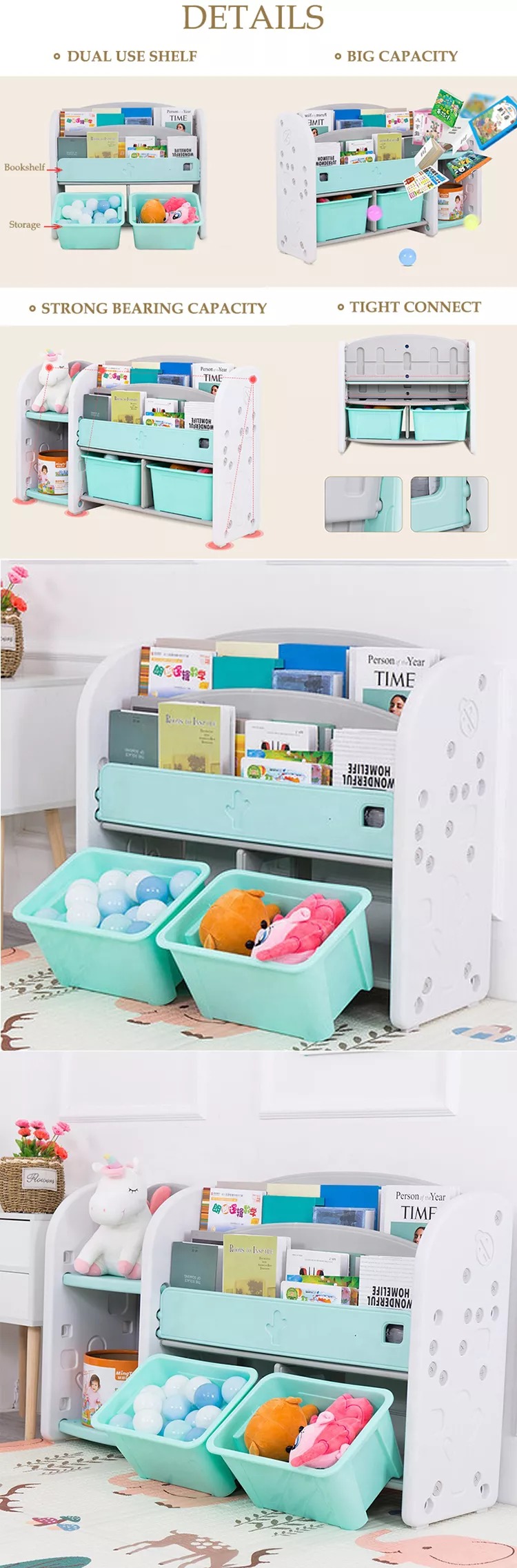 Children Home Use Plastic Foldable Book Shelf Exhibition Kids Toy Book Shelf With Drawers