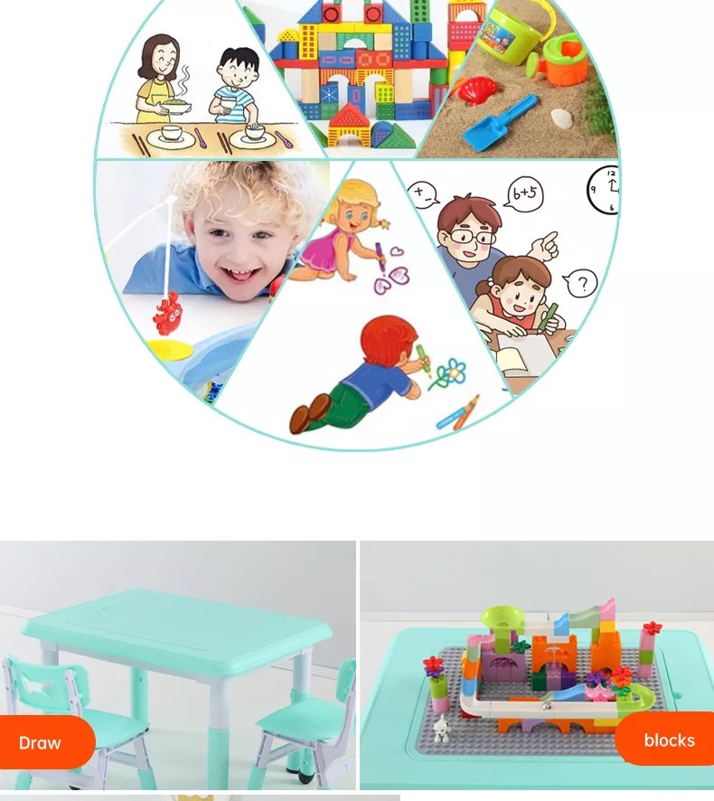 Customized School Area study Desk Kids Cheap Plastic play block Table Chair Set Children Furniture