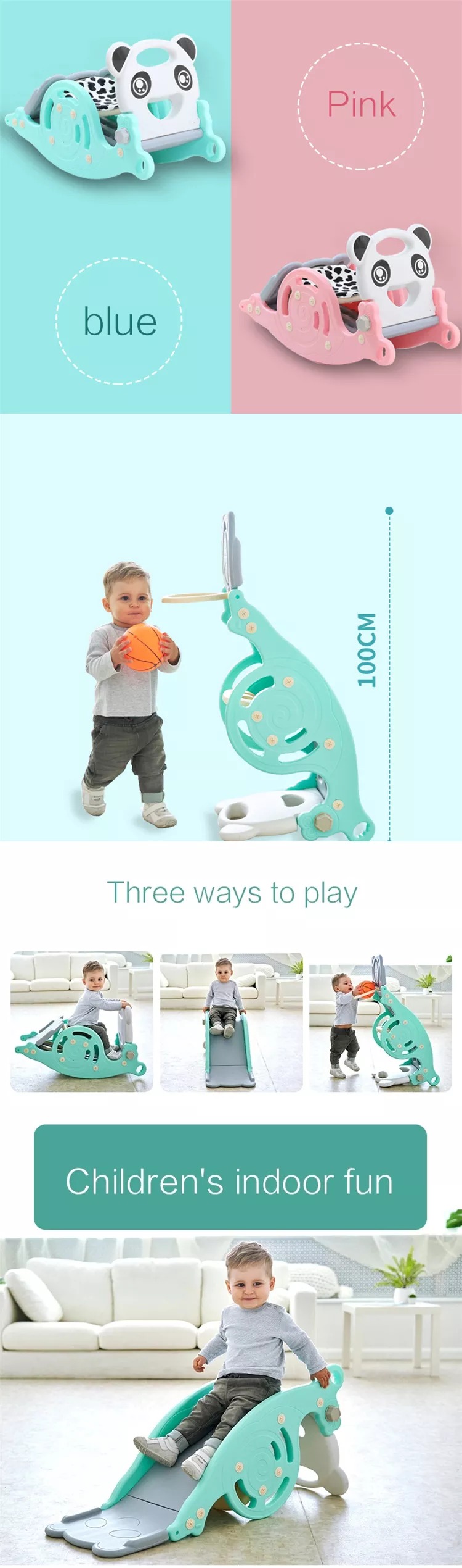 Multifunctional 3 In 1 Basketball Stand Slide Indoor Kids Toy Plastic Rocking Horse