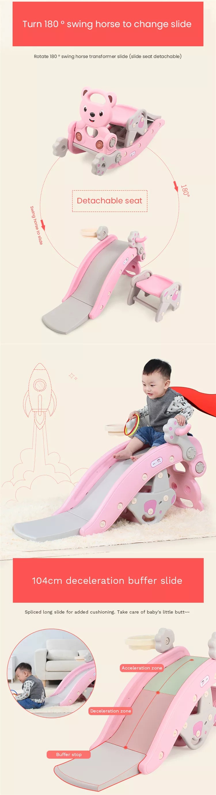 Children Multifunctional Indoor Slide Rocking Horse 2-in-1 Baby Toy Kids Plastic Rocking Horse