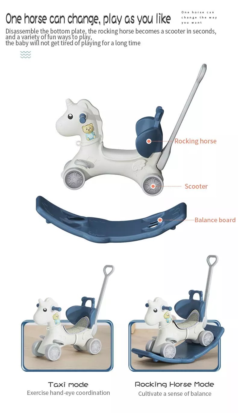 Toy Rocking Horse with Wheels Riding Music Plastic Unicorn Kindergarten Indoor Kids 78*24*49cm Pink Blue 1-4 Years Huancheng PE